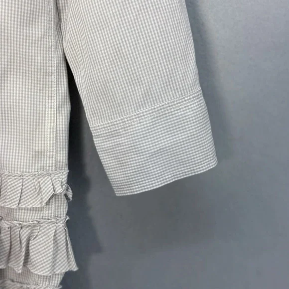 Pure DKNY Tunic Top Large Gray White Gingham Ruffle Hem Roll‎ Tab Sleeves Preppy - Picture 5 of 12